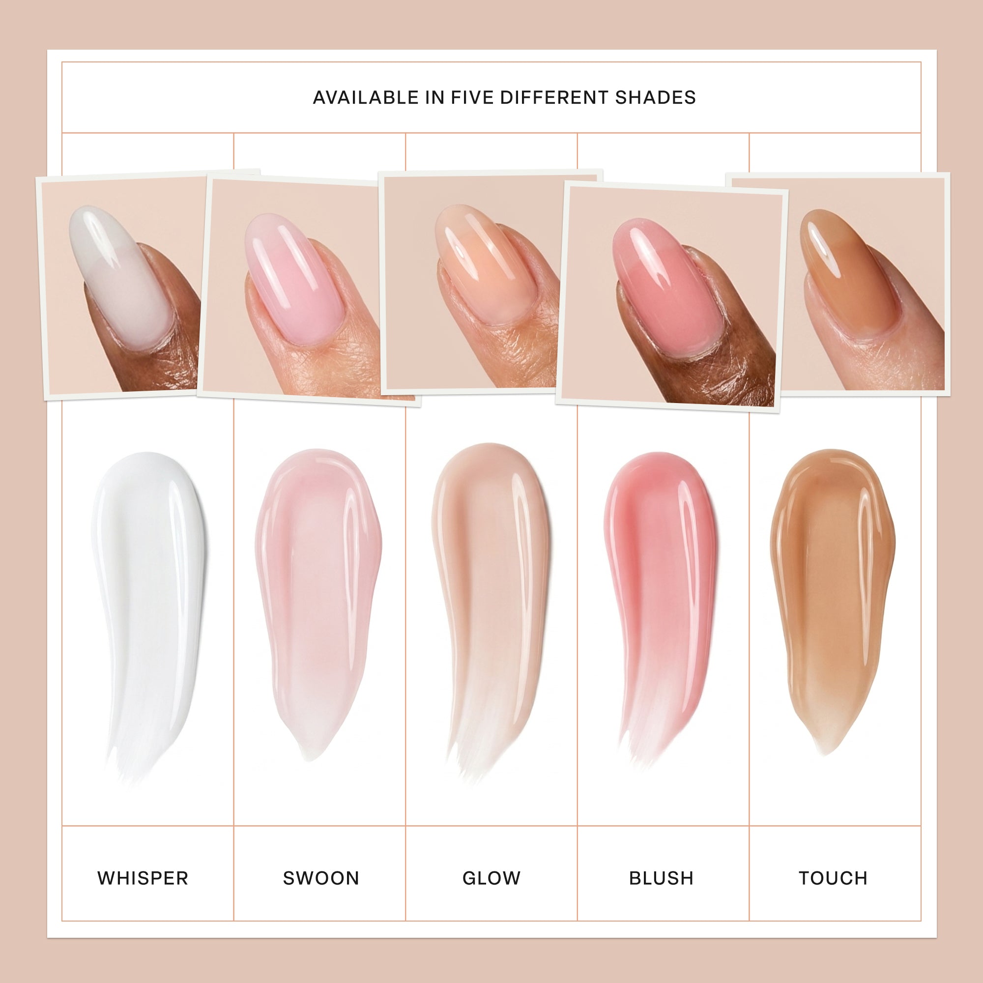 Aprés Soft Gel Builder shade comparison featuring Blush, Glow, Swoon, and Touch HEMA-Free builder gels.