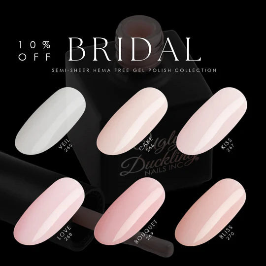 Set of six Ugly Duckling Bridal Collection gel polish bottles with pastel shades and elegant packaging.