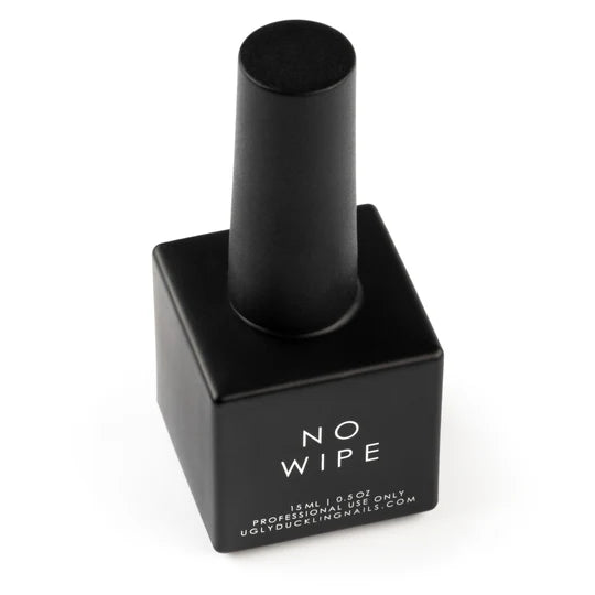 Ugly Duckling No Wipe Top Coat gel in black bottle, a high-gloss top gel for long-lasting nail finishes