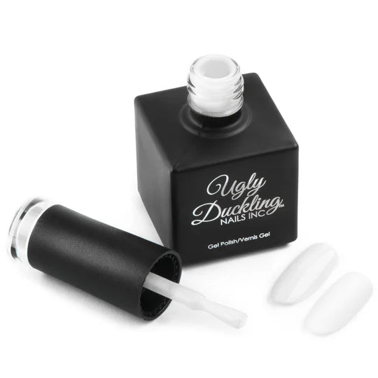 Ugly Duckling Whiteout Gel Polish #044 in a sleek bottle, showcasing smooth, glossy white gel polish for nails.