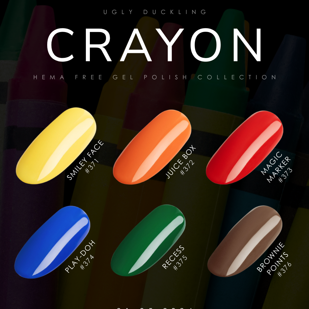 Ugly Duckling Crayon Collection gel polish in vibrant colors, displayed in a professional nail polish bottle on a white background.