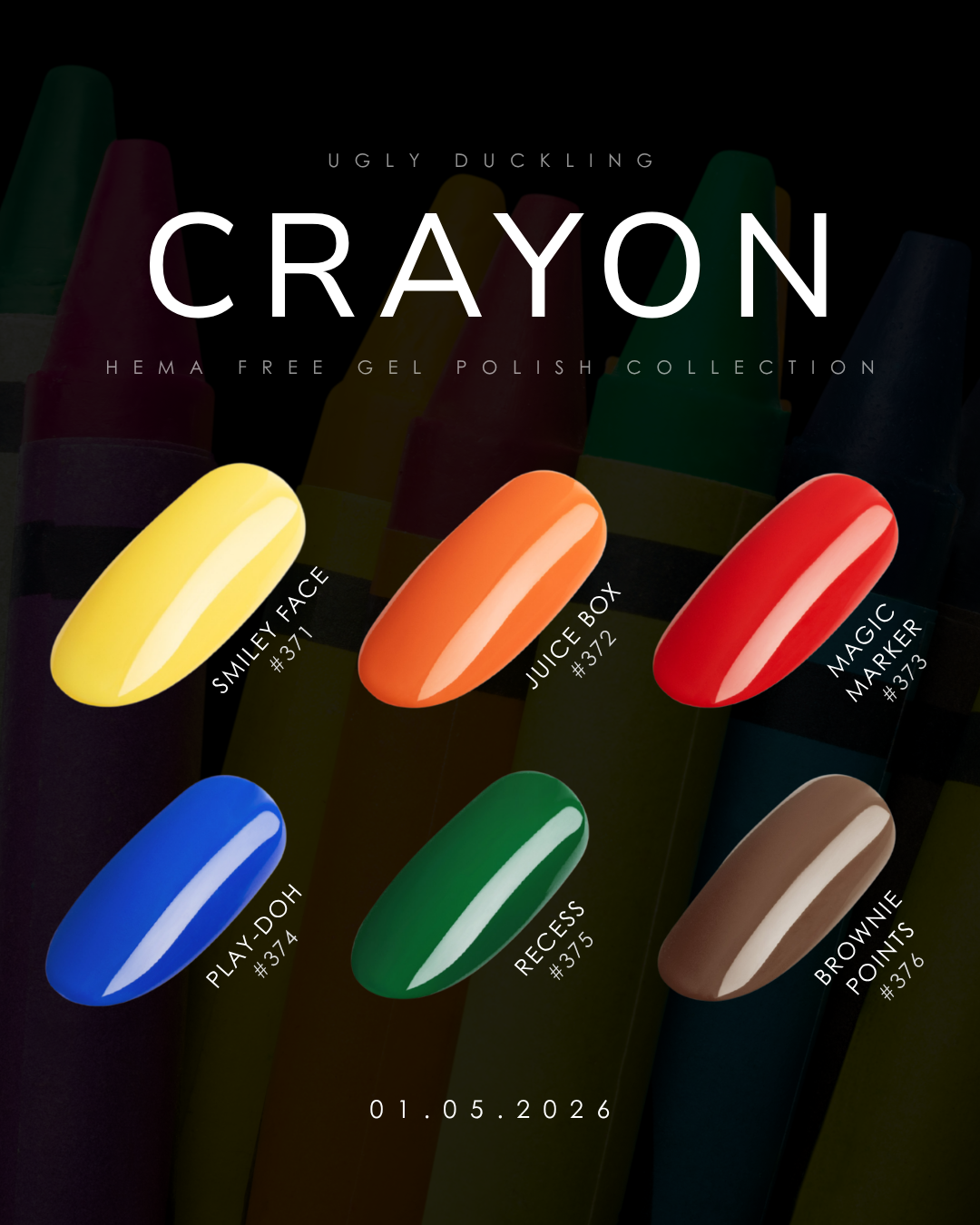 Ugly Duckling Crayon Collection gel polish in vibrant colors, displayed in a professional nail polish bottle on a white background.