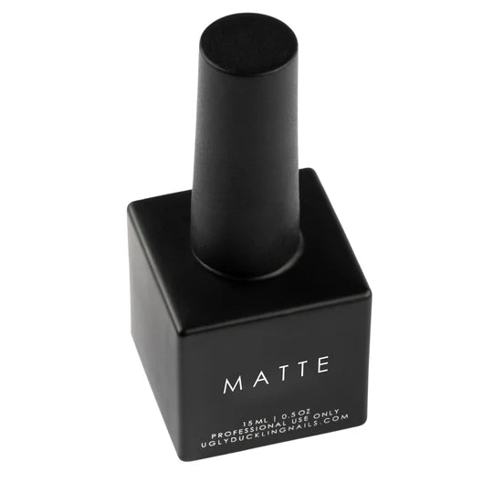 Ugly Duckling matte topcoat gel bottle with a sleek black cap and clear label, showcasing its smooth finish for nail art.