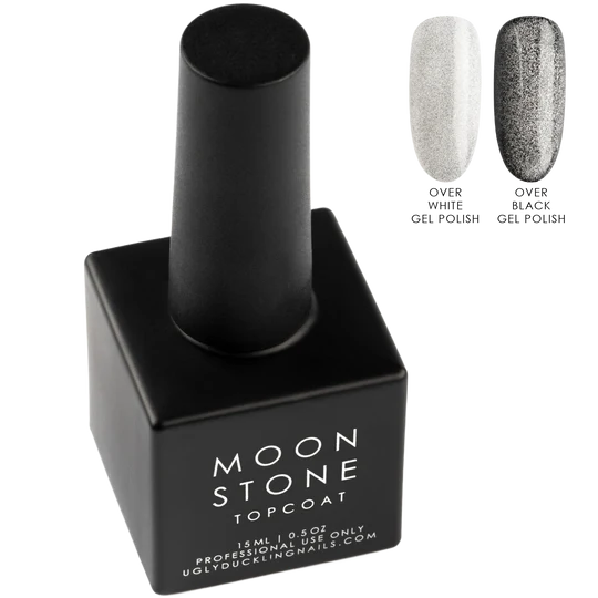 Ugly Duckling Moonstone Cat Eye No Wipe Top Gel in a small jar, showcasing the shimmering moonstone finish and gel texture.