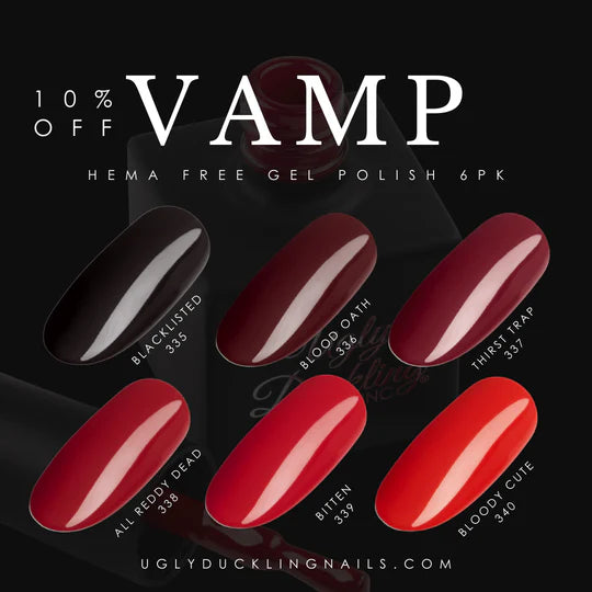 Ugly Duckling Vamp Collection gel polish set, six square bottles with dark, vampy shades displayed on a neutral background.