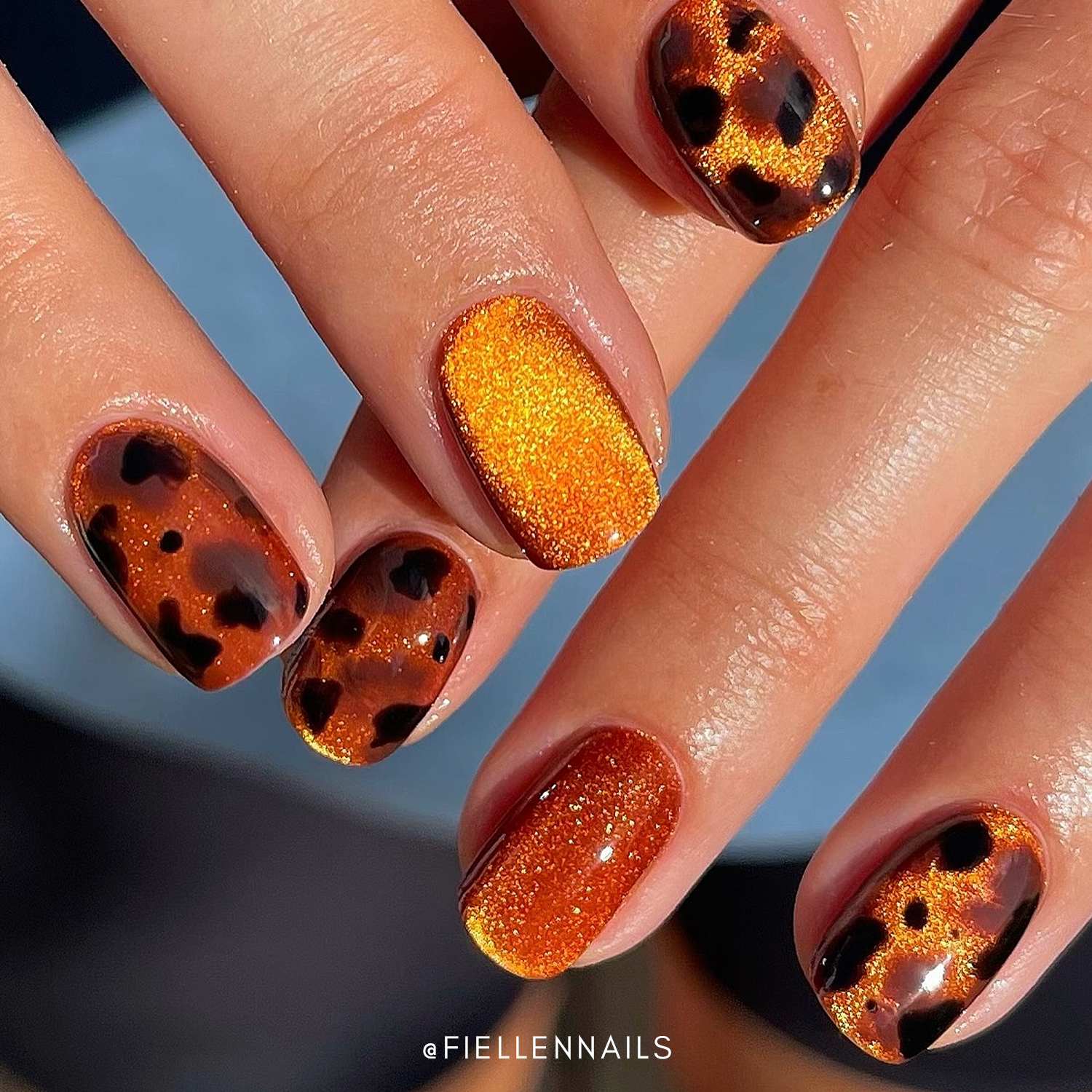 Magnetic tortoiseshell nail art created with theGELBOTTLE Magnetic Tortie Kit