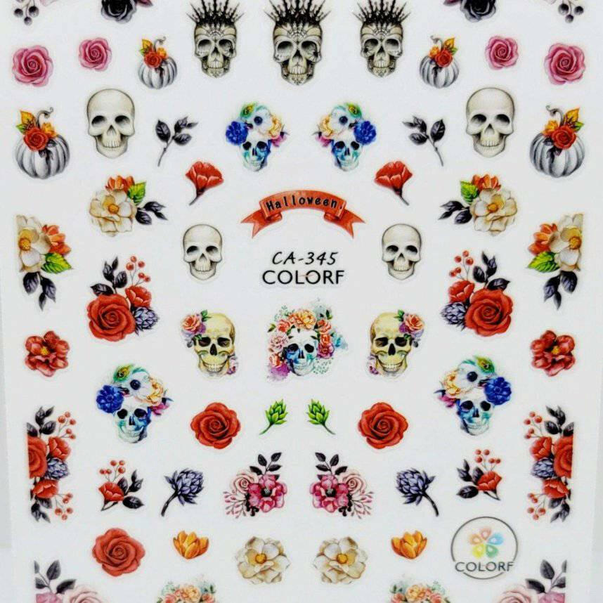 CA345, Skulls & Flowers Halloween Decal/Sticker by thePINKchair.ca - thePINKchair.ca - Nail Art - thePINKchair nail studio